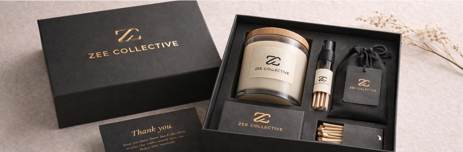 The black Zee Collective gift box with gold foil logo, open beside its thank-you card
