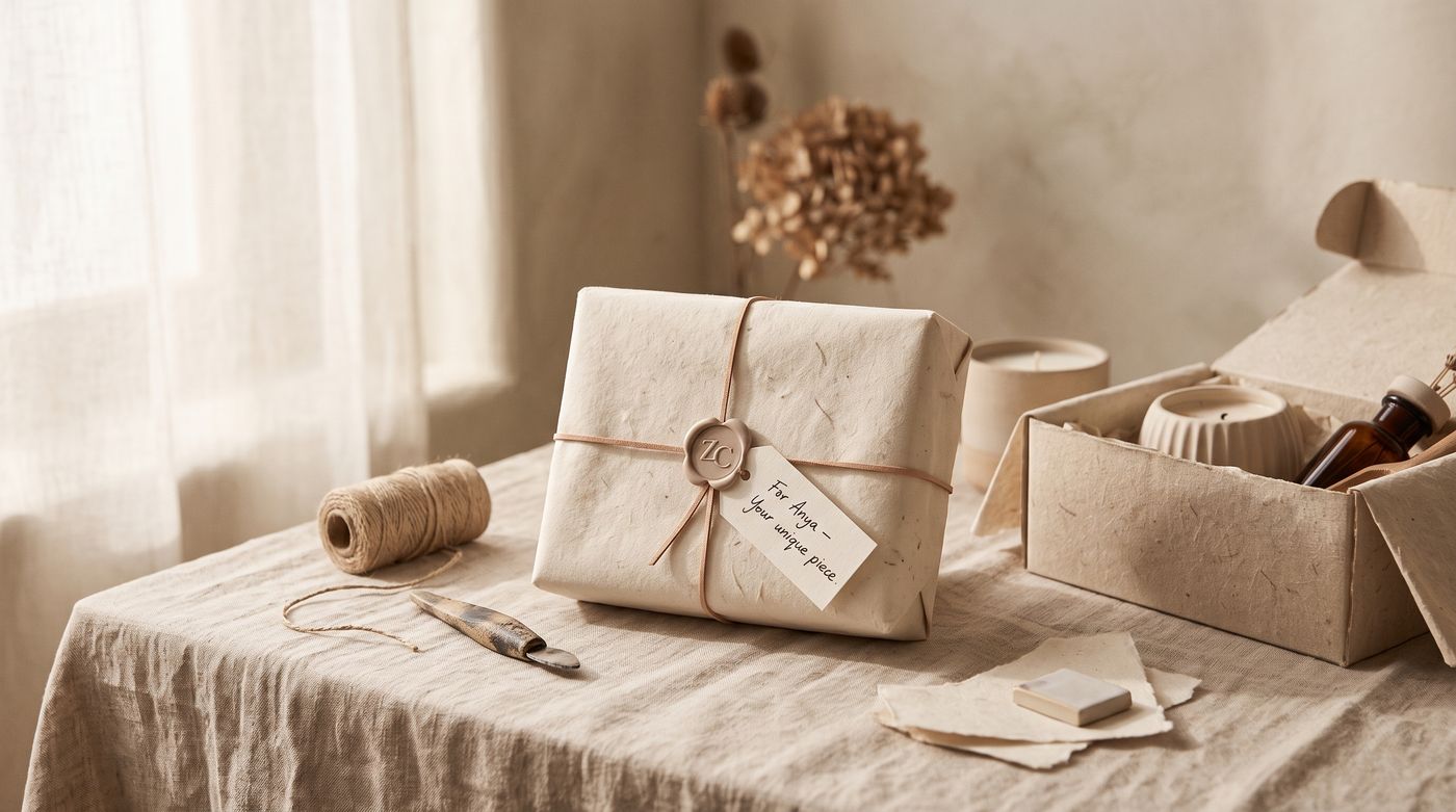 A wrapped Zee gift with a ZC wax seal and a handwritten tag