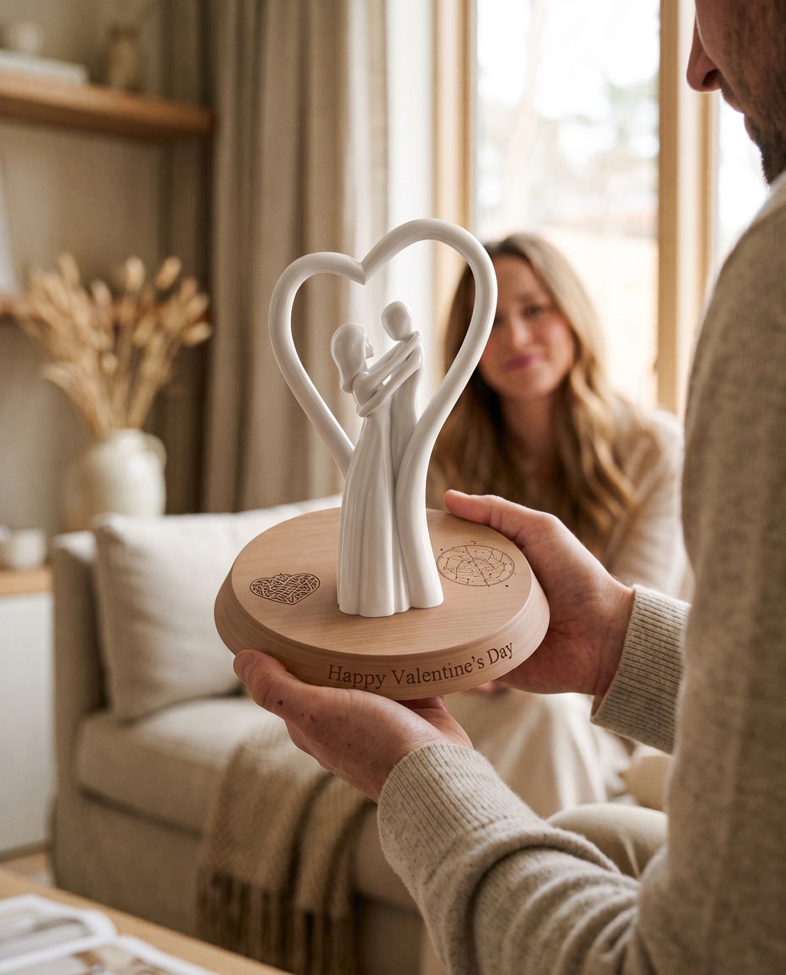 A man handing his partner a white heart sculpture on an engraved wooden base reading Happy Valentine’s Day